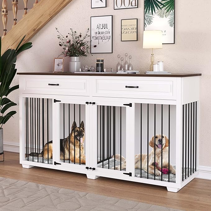 Furniture Style Dog Crate, 72" Large Wooden Dog Kennel with Drawers & Divider, Heavy Duty Indoor Dog Cage with Double Rooms for Large Medium Small Dogs, White