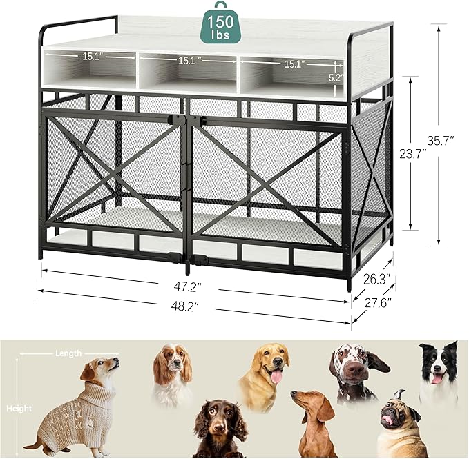 Dog Crate Furniture, 48" Heavy Duty Wooden Dog Crate End Table, XL Dog Kennel Furniture Large Breed, Decorative Dog Kennel Indoor with 3 Drawers & Steel Tubes 48" L x28 W x36 H (White)