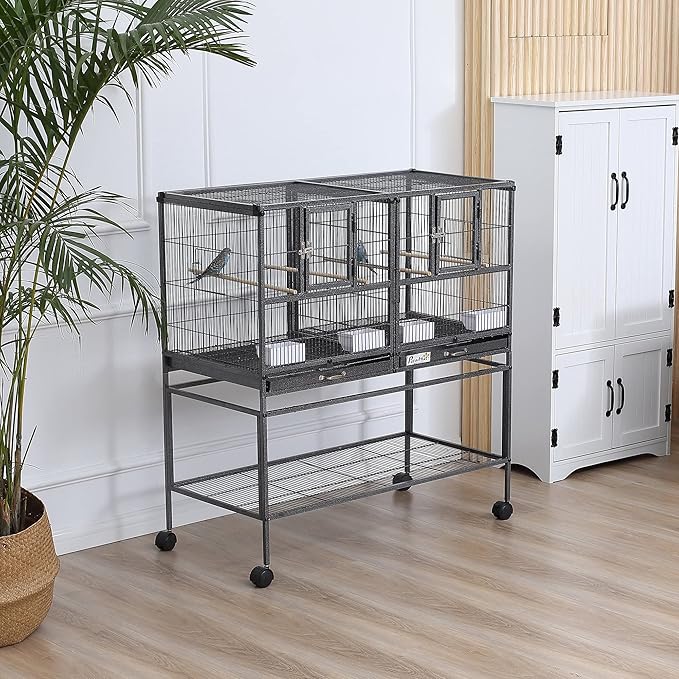 PawHut Divided Breeder Bird Cage with Rolling Stand Removable Metal Tray, Storage Shelf, Wood Perch, and Food Container