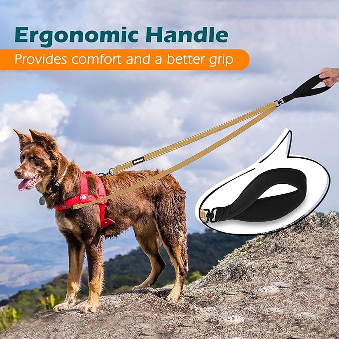 PetBonus Two Point Control Dog Leash, Works with No Pull Harnesses, No Tangle Training Leashes, Soft Padded and Reflective Walking Lead, Converts to Single Lead for Medium Large Dogs (Khaki)