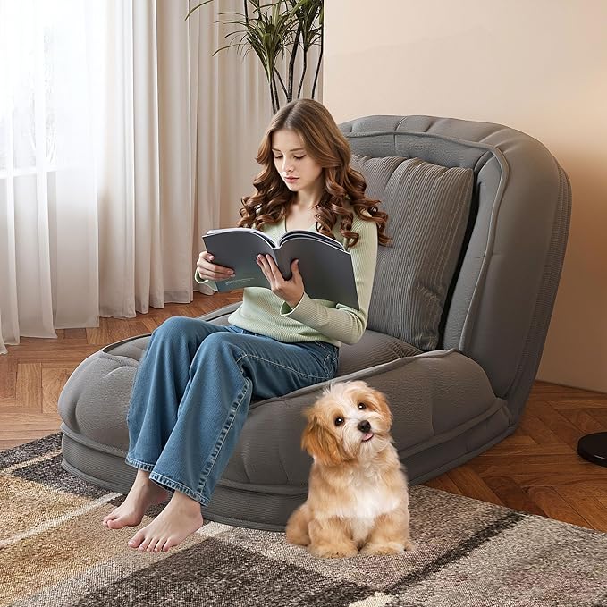 Oversized Human Dog Bed for Adult, Foldable Giant Human Pet Bed with 2 Soft Pillows, Large Sized Dog Sofa with 5 Adjustable Position for Humans, Metal Frame & Corduroy (Grey)