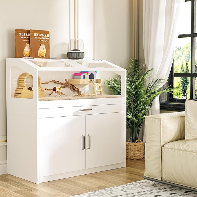 Betterhood Hamster Cage with Storage Cabinet, Guinea Pig Cage for Small Animals, Large Hamster Cage and Habitat with Easy View Acrylic Panels for Hamster, Rabbit, Guinea Pig, Hedgehog (39"x19"x40")