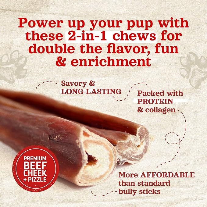 Natural Farm Power Bully Sticks Dog Chews (6”, 25-Pack), 2-in-1 Power Chews: Premium Beef Cheek Wrapped in Beef Pizzle, Long-Lasting, Great Dog Dental Treats for Small, Medium & Large Dogs