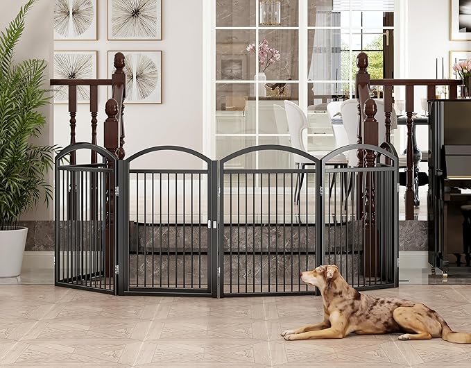 Folding No-Assembly Freestanding Dog Gate with Door,32" Heights Foldable Pet Fence,144" Extra Wide Accordion Puppy Folding Playpen for Doorways,House,Stairs (6 Panels,Black)
