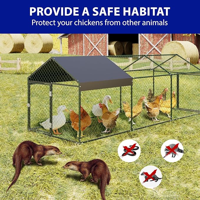 Metal Chicken Coop Run,Outdoor Walk-in Cage Peak Hen House with Waterproof and Anti-Uv Cover,Spire Roof Hen House with Security Lock for Outdoor,Backyard and Farm, 9.8 x 3.3 x 3.3 ft