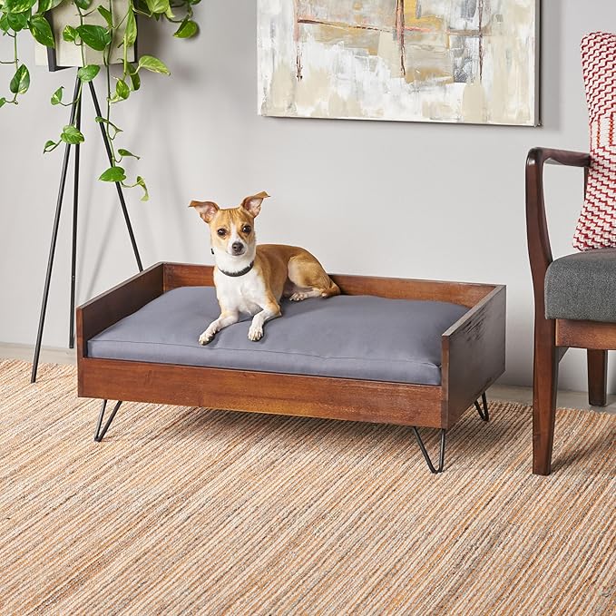 Christopher Knight Home Mid-Century Modern Pet Bed, Brown Acacia Wood Frame with Gray Cushion, Hairpin Legs, 29.5x17.75x11 Inches