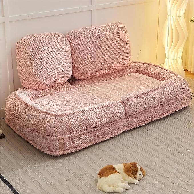 Human Dog Bed for Adult and Kids, Comfy Foldable Lazy Floor Sofa Bed with 5 Adjustable Position, Pink Upholstered Floor Bean Bag Lounger Chair for Bedroom, Living Room,Office (Pink.)
