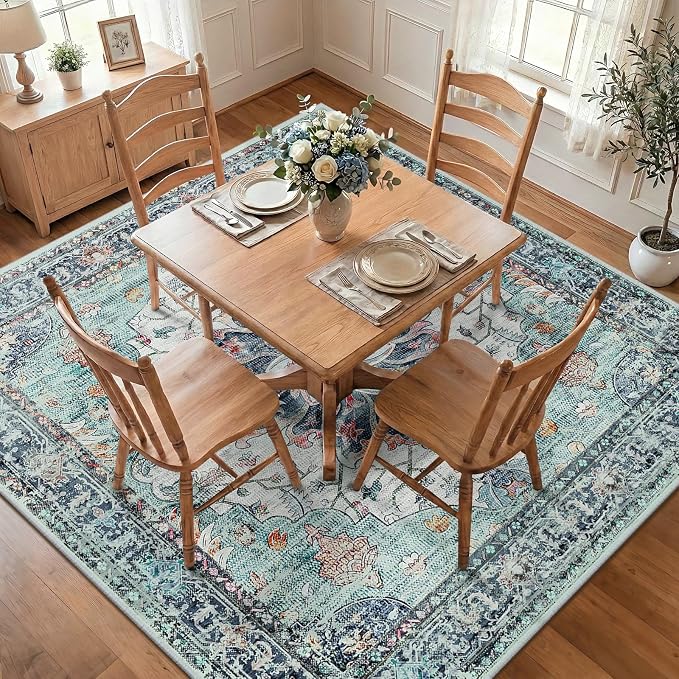 RELEANY Area Rugs Square 7ft Washable Non-Slip, Floral Vintage Distress