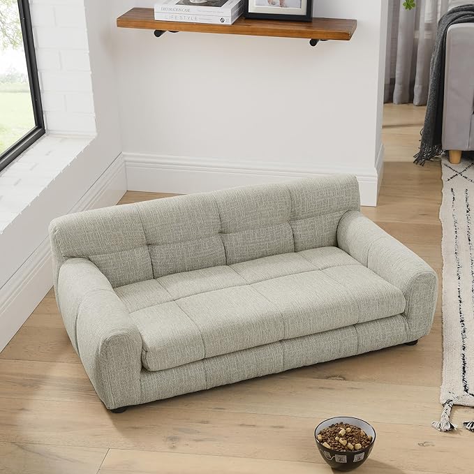 Ball & Cast 38" Dog Couch, Comfortable Dog Sofa Bed with Backrest and Armrests for Medium and Large Dogs, Linen Cozy Soft Cushion Pet Bed, Beige