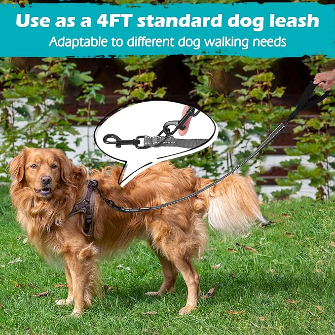 PetBonus Two Point Control Dog Leash, Works with No Pull Harnesses, No Tangle Training Leashes, Soft Padded and Reflective Walking Lead, Converts to Single Lead for Medium Large Dogs (Grey)
