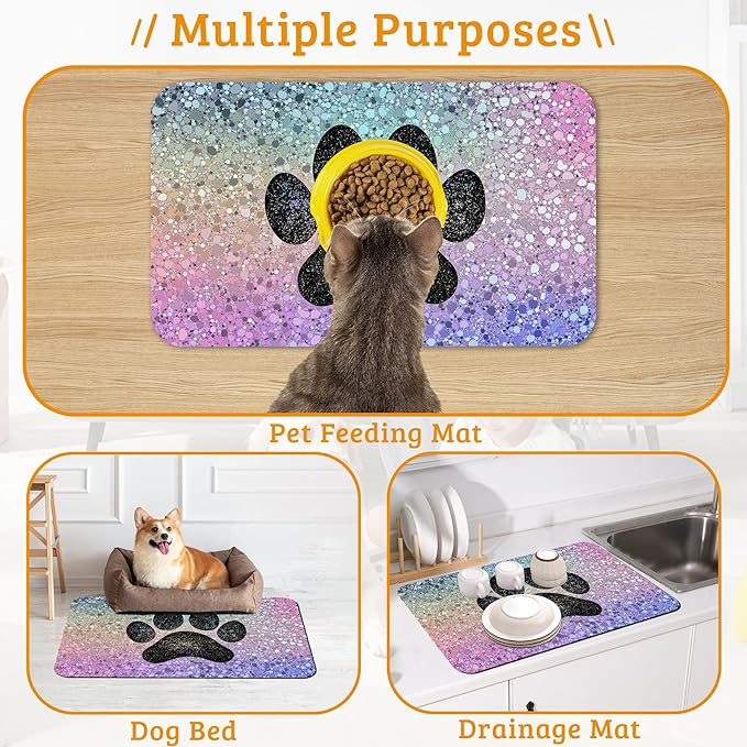 Pet Feeding Mat,Dog Paw Absorbent Dog Cat Food Mat Dog Mat with Rubber Backing,Non-Slip Water Bowl Placemat,Pet Supplies 16" x 24"