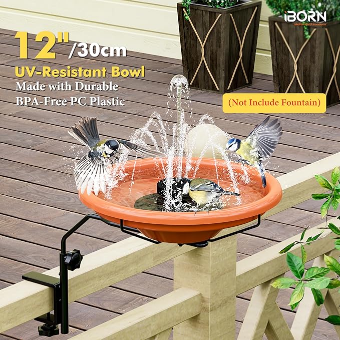 iBorn Bird Bath for Outside,Deck Mounted Bird Bath 12in，Birds Baths for Outdoors with Adjustable Clamp 3.2in，BPA-Free Bowl，360°Swivel & Adjustable Height Bracket，Detachable Birds Baths, Pack of 1