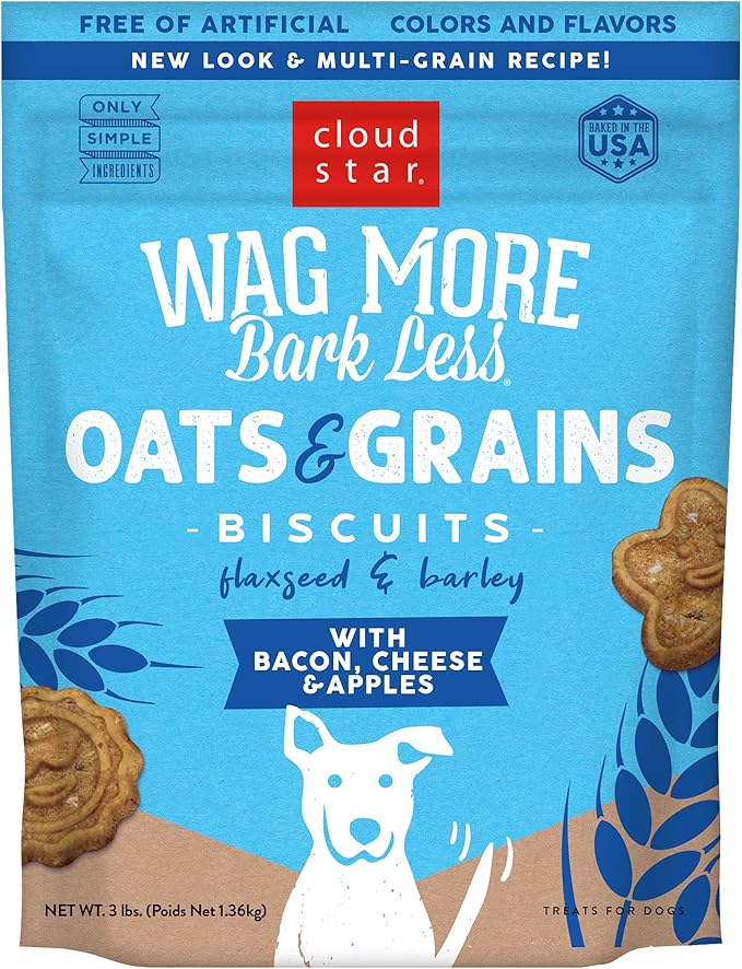Cloud Star Wag More Bark Less Crunchy Dog Treats, Oats & Grains Bacon, Cheese & Apples, 3 lbs. Bag