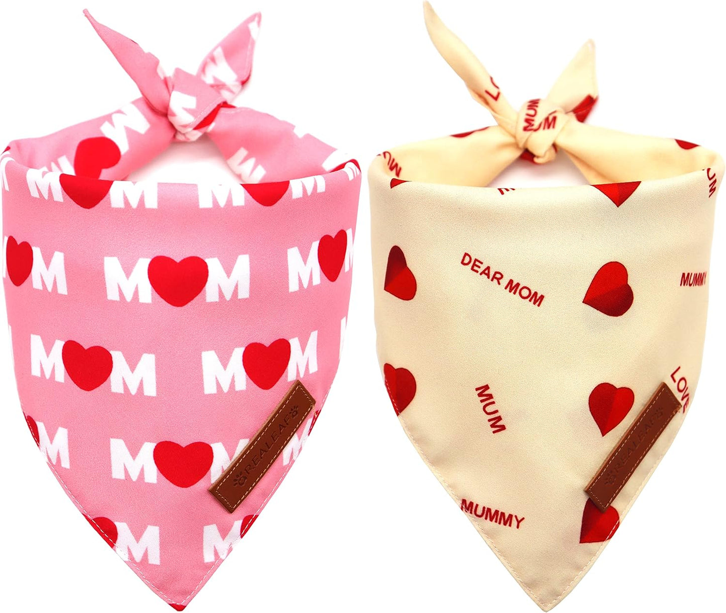 Realeaf Mothers Day Dog Bandanas 2 Pack, Reversible I Love My Mom Pet Scarf for Boy and Girl, Premium Durable Fabric, Valentines Day Bandana for Small Medium Large and Extra Large Dogs (Small)