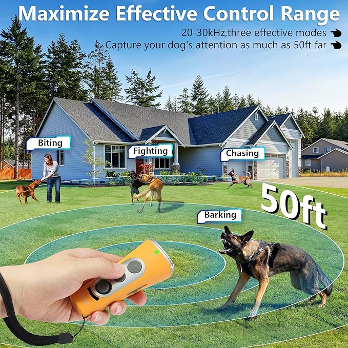 MODUS New Anti Barking Device, 4X Ultrasonic Emitters Dog Bark Deterrent Device, Rechargeable Handheld Dog Barking Control Devices Dog Training&Behavior Aids with 50ft Range Indoor Outdoor(Yellow)