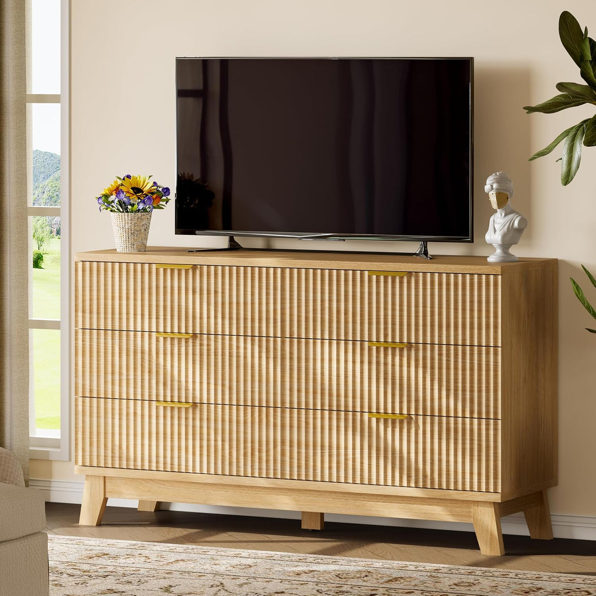 Xixini Fluted Dresser with 6 Drawers, 54" Wide Modern Chest of Drawers with Metal Handle, Wooden Dresser TV Stand, Wood Closet Clothes Storage Organizer for Bedroom, Living Room, Hallway, Natural Oak