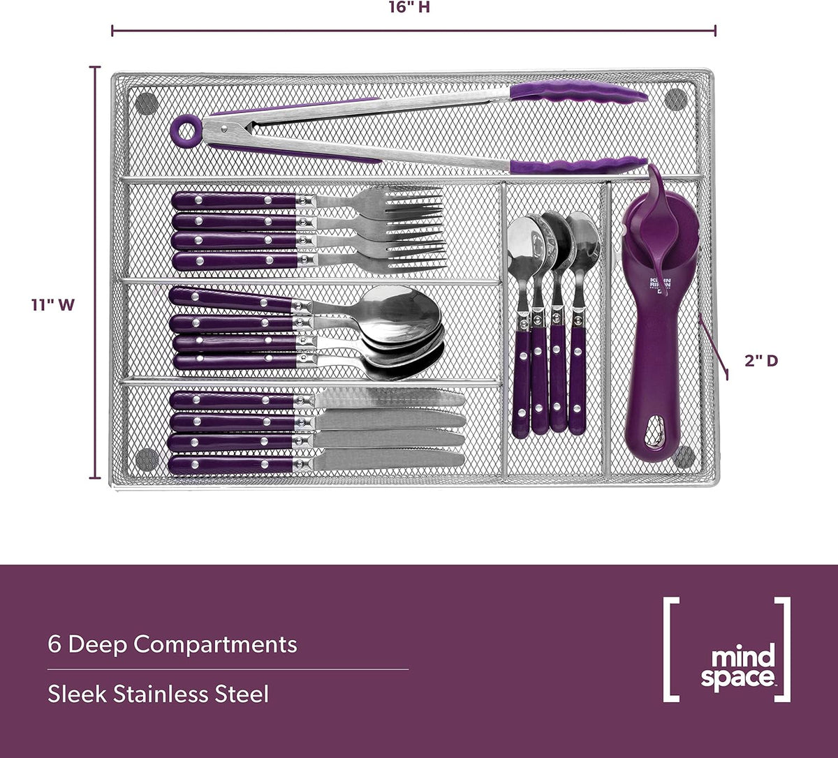 Mindspace Cutlery Organizer Silverware Tray with 6 Compartments | Kitchen Utensil Drawer Organizer | Silverware Tray for Drawer | The Mesh Collection, Silver