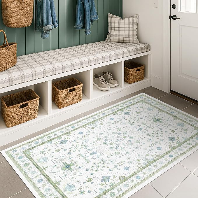 Cream Green and Blue 2x4 Boho Bathroom Rug
