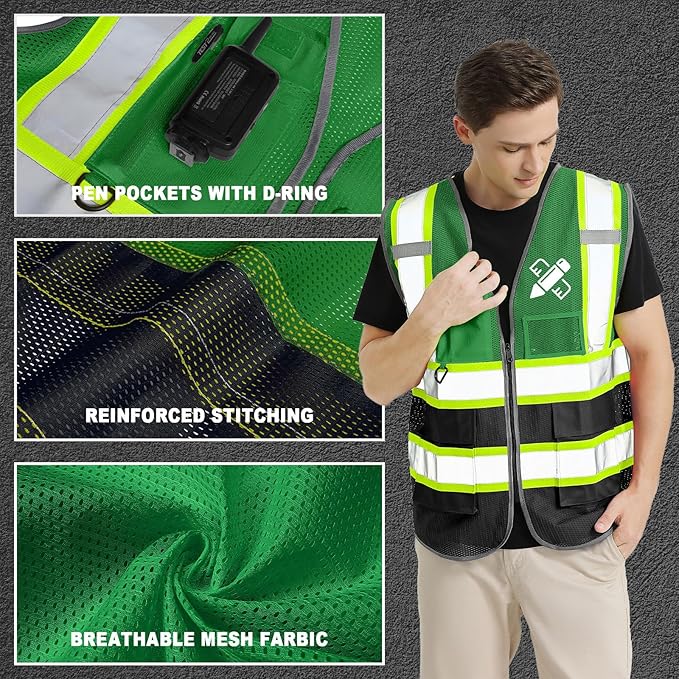 5 Pack Custom Safety Vest Customized Logo Mesh Vest Class 2 High Visibility Reflective Vest with Pockets Workwear（Green Black，L ）
