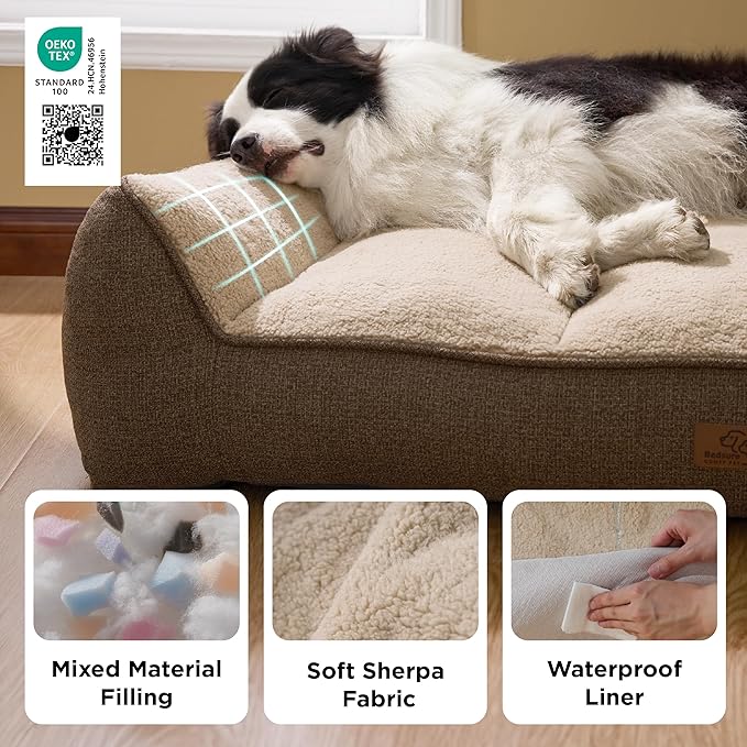 Bedsure SupportMax™ Orthopedic Dog Bed Medium Size Dog - Extra Thick Supportive Medium Dogs Beds with Waterproof Washable Cover, Comfort Pet Bed Sofa with Soft Sherpa and Nonskid Bottom, Brown, 35"