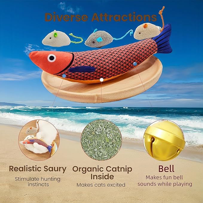 6 Pack Cat Toys, Catnip Toys with Plush Saury Fish & Mouse, Interactive Kicker Toy with Bell & Catnip for Indoor Cats, Kitten Toys for All Breeds