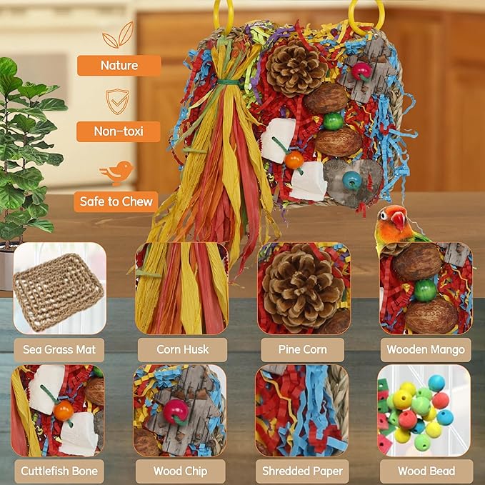 Bird Toys, Parakeet Toys, Bird Grass Mat Conure Shredder Hanging Cockatiel Foraging Toys Parrot Climbing Wall Lovebird Cage Accessories for Small Birds (Small)