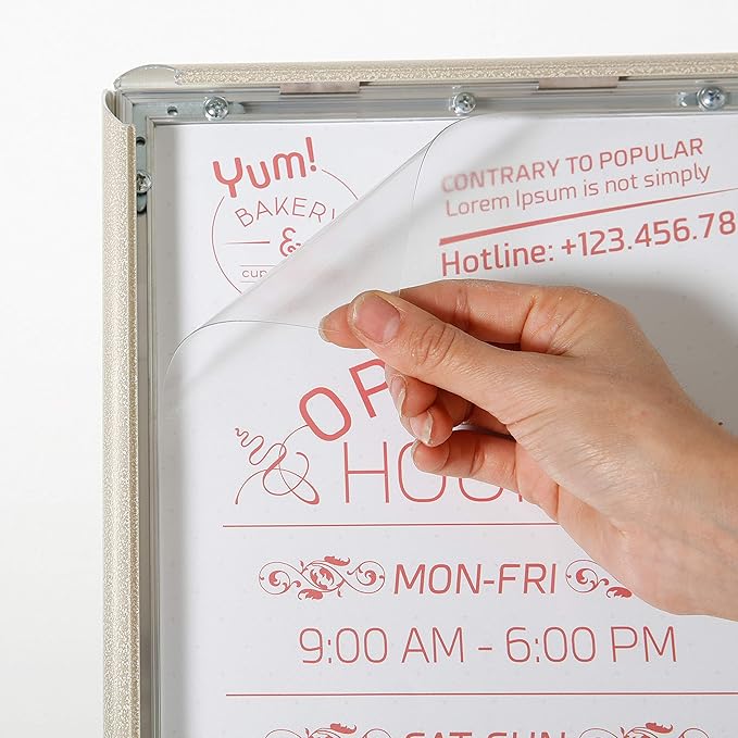 M&T Displays Curved Menu Board, 11x17 Inch Pedestal Sign Holder with 8.5x11 Inch Brochure Holder White Pearlic Floor Standing Aluminum Front Loading Easy Open Poster Message Advertisement Post
