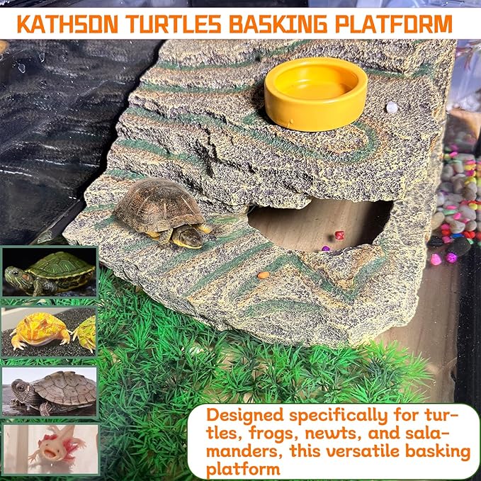 kathson Turtles Basking Platform, Reptile Cave Hideout,Tortoise Resting Terrace with Climbing Ramp,Turtle Resin Dock Tank Accessories Decor for Amphibians, Lizard, Gecko, Frog, Salamander,Extra Large