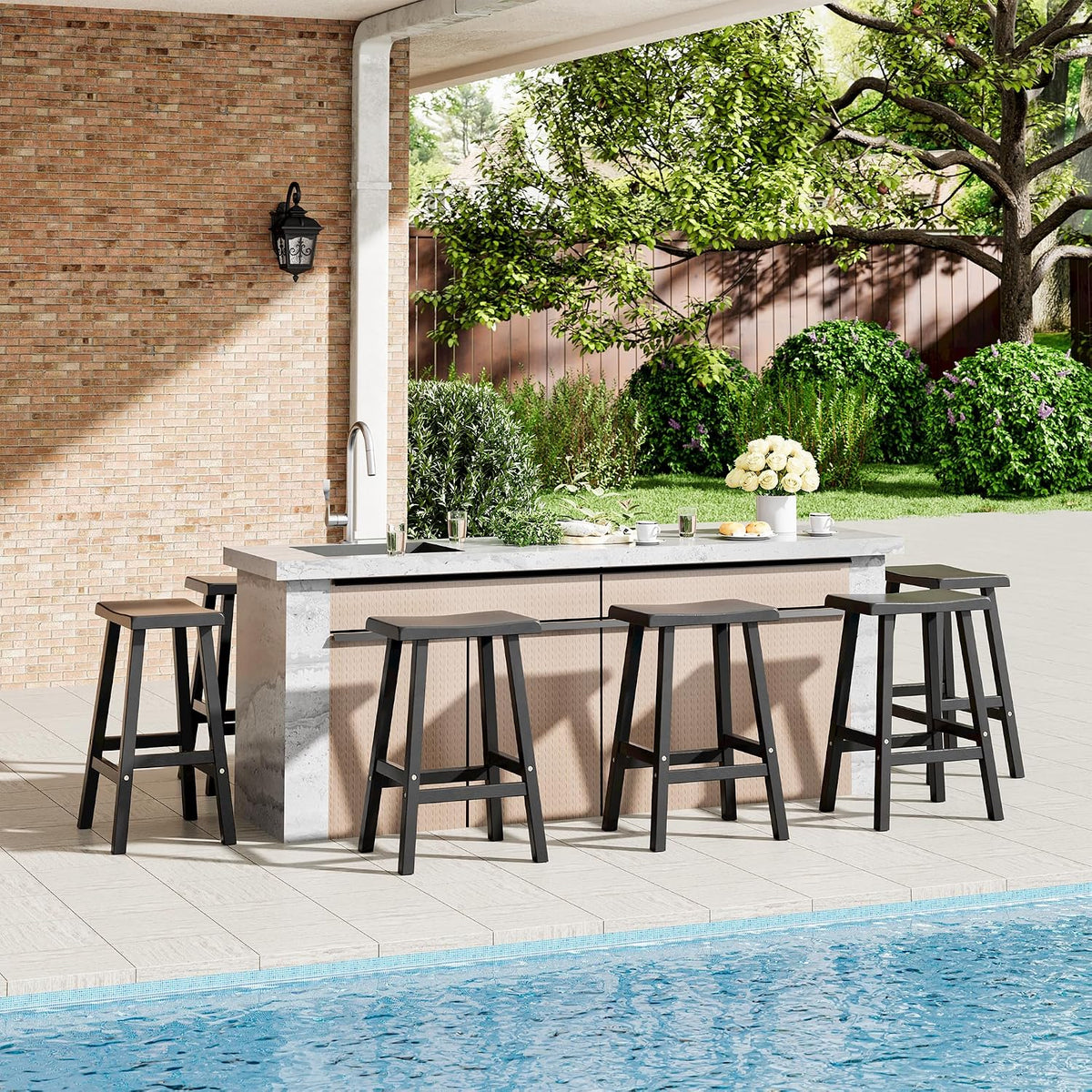 KAMABOKO 4 Set 24" HDPE Bar Stools Set Outdoor, Durable Resin Bar Chairs with Footrest, Weatherproof & Ergonomic Barstools for Patio, Deck & Poolside, Black
