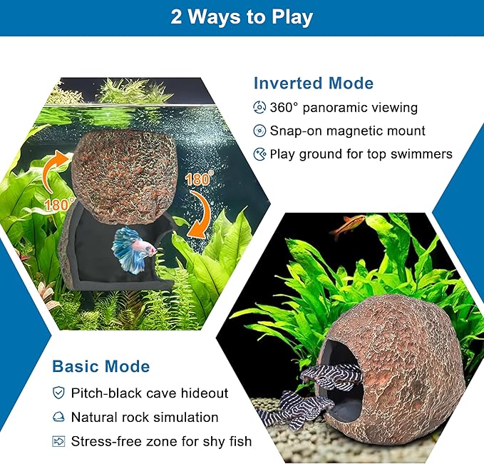 3rd-Gen Magnetic Aquarium Cave, Realistic Magnetic Rocks Fish Tank Decor with Strong Magnet, Resin Pleco Hideout for Betta, Cichlid and Shrimp, Easy Viewing Shelter for Small Fish and Reptiles