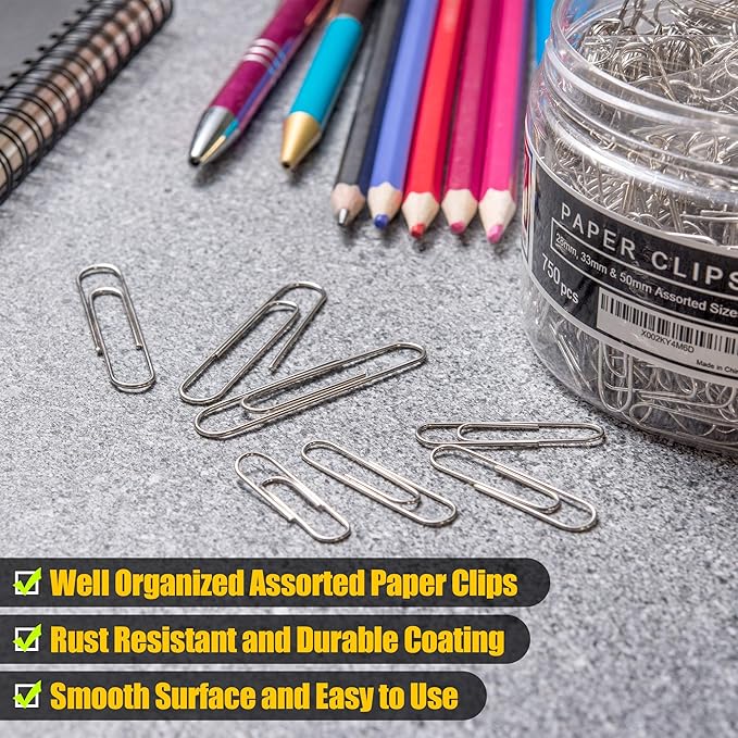 750 Paper Clips Assorted Sizes Small, Medium and Large Paper Clips for Paperwork Ideal for Home, School and Office Use (Assorted, Silver)