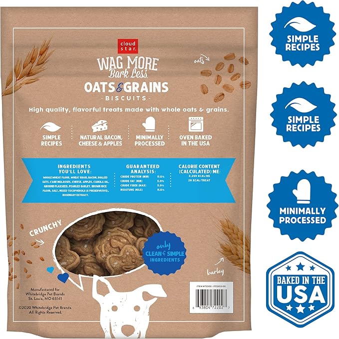Cloud Star Wag More Bark Less Crunchy Dog Treats, Oats & Grains Bacon, Cheese & Apples, 3 lbs. Bag