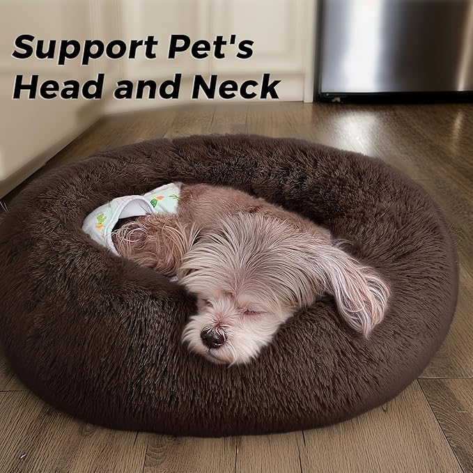 Calming Dog Bed & Cat Bed with Anti-Slip Bottom, Medium Size Washable Anti-Anxiety Donut Dog Beds for Small Dogs & Cats, Fluffy Plush Cozy Round Dogs Bed(24 Inch, Dark Brown)
