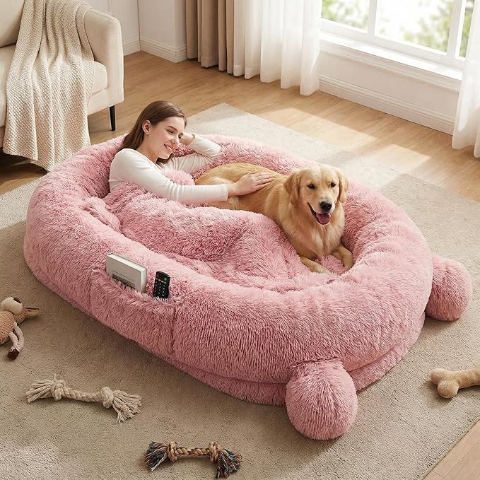 GarveeHome Human Sized Dog Bed, 71" x 45" x 12" Large Dog Bed with 2 Storage Pockets, Fluffy Faux Fur Orthopedic Pet Bean Bed for Adults & Giant Pets - Pink