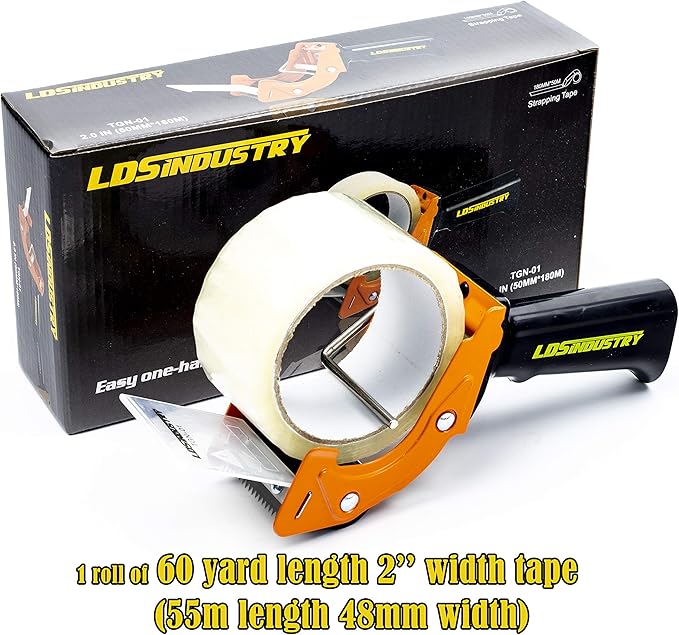 Rapid-Replace Packing Tape Dispenser Gun with Tape and Extra Blade, 2IN(50mm) Lightweight Ergonomic Industrial Handheld Tape Cutter for Carton, Packaging and Box Sealing (Orange)
