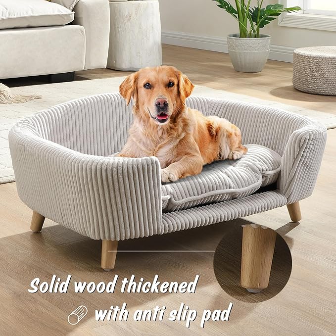 30''inch Bed Frame for Large Dogs, Modern Pet Sofa, Elevated Dog Couch Bed with Wooden Legs, Oval Small Dog Bed, Cozy Tufted Cushion Pet Furniture (Beige)