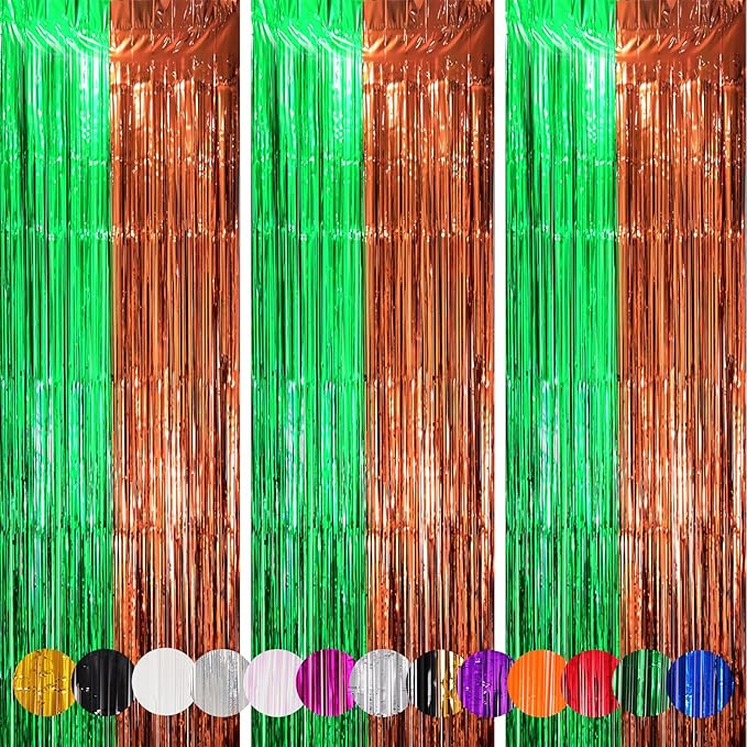 3 Pack 3.3 x 8.2 ft Green and Brown Foil Fringe Backdrop Curtains, Tinsel Streamers Party Decorations, Fringe Backdrop, Door Shimmer for Super Bowl or Birthday Party