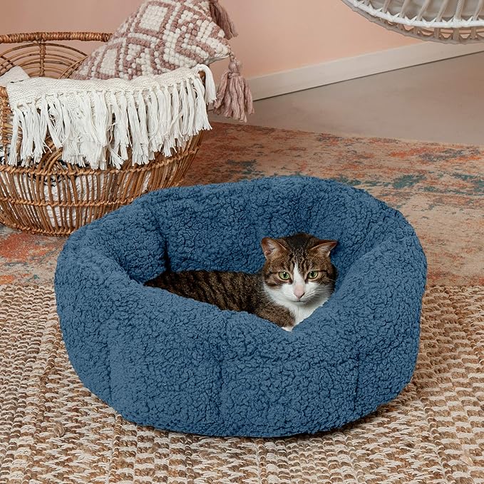 Furhaven 20" Round Self-Warming Pet Bed for Indoor Cats & Small Dogs, 100% Washable, For Pets Up to 20 lbs - Hi Lo Snuggle Terry Cuddler - Lake Blue, Small