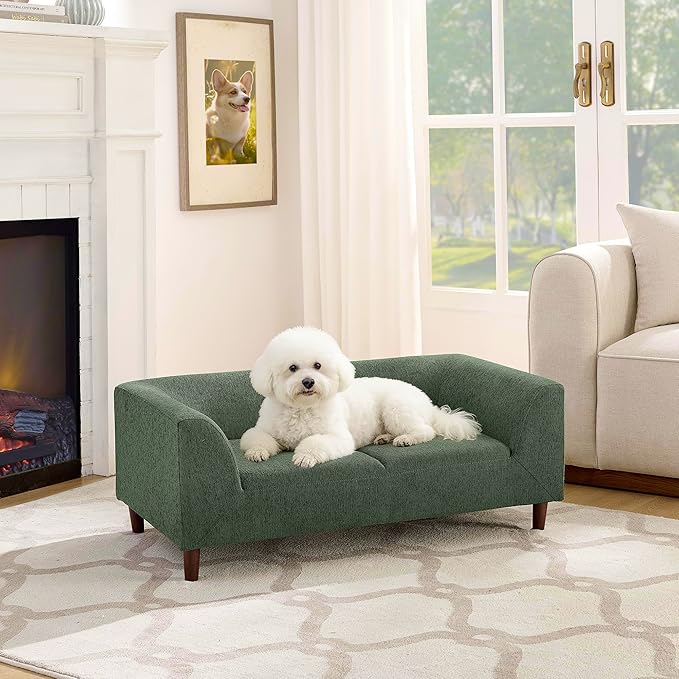 39x25 Inch Large Dog Sofa, Modern Jumbo Pet Couch Made Made by Linen with Armrest and Backrest - Indoor Elevated Dogs Chaise Bed for Doggy up to Medium and Large (Green)