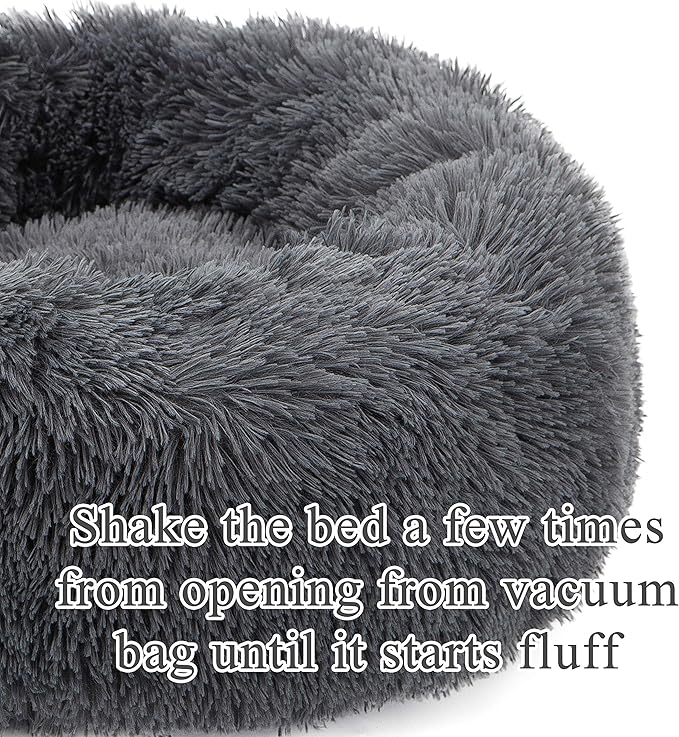 Donut Bed Medium Size Dog, Calming Soft Round Cuddler Dog Beds Fluffy Plush Faux Fur Pet Beds (24", Dark Grey)