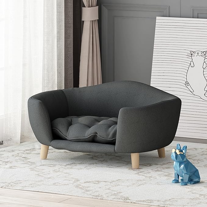Dog Sofa Couch Bed for Small Dogs, Durable Fabric Rectangle Pet Sofa with Soft Cushion, Modern Elegant Elevated Mini Dog Couch Bed with Backrest and Armrests, Dark Gray