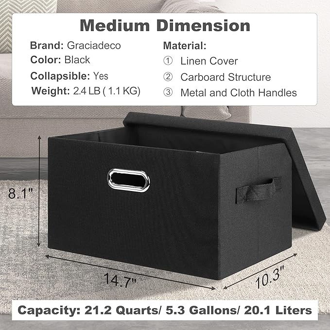 Medium 15" 21 Quart Collapsible Stackable Storage Bins with Lids, 3 Packs Black Foldable Fabric Closet Boxes Heavy-duty Lidded Linen Cube Basket Container Organizer and Storage for Bedroom