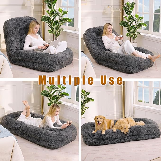 Human Dog Bed for Adult and Kids, Comfy Foldable Lazy Floor Sofa Bed with 5 Adjustable Position, Grey Upholstered Floor Bean Bag Lounger Chair for Bedroom, Living Room,Office (Dark Gray)