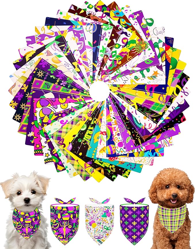 PET SHOW 50 Pack Mardi Gras Dog Bandanas Bulk for Small Dogs Cats Puppys XS Washable Adjustable Dog Scarf Triangle Bibs Pet Green Yellow Decorative Grooming Accessories