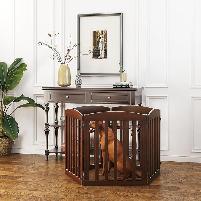 SPIRICH 120" Extra Wide 28" Tall Dog Gate Indoor, Dog Gates for Doorways, Stairs, The House, Wooden Freestanding Foldable Pet Gate, Step Over Puppy Safety Fence, 5 Panels, Brown