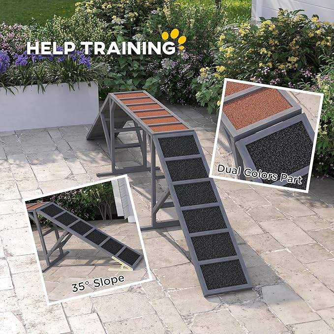 PawHut Wooden Dog Agility Equipment with Safety Bar, Non-Slip Surface, Dog Playground Ramp, Pet Obstacle Course for Backyard, Park, Walk and Pause Training, Gray