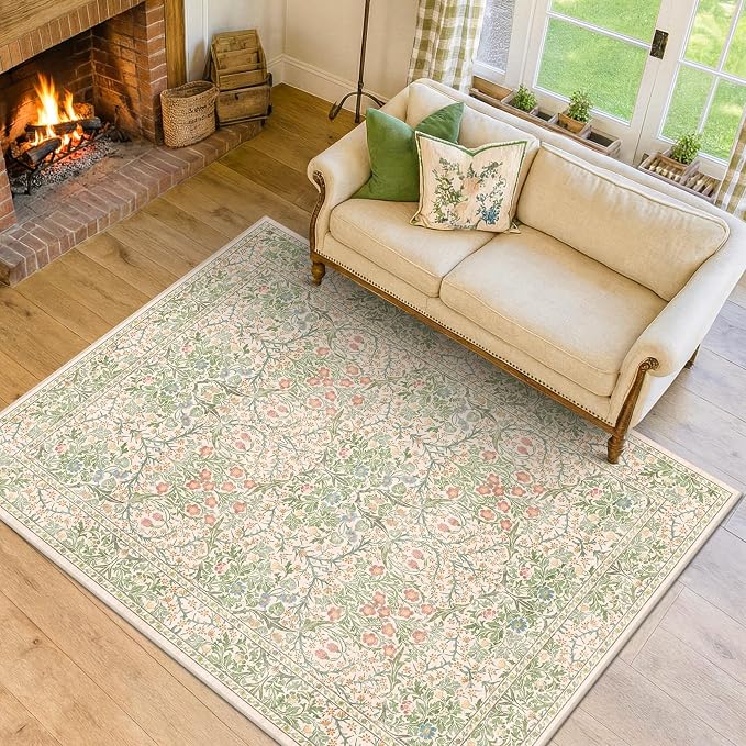 Washable Beige Green 5x8 Area Rug