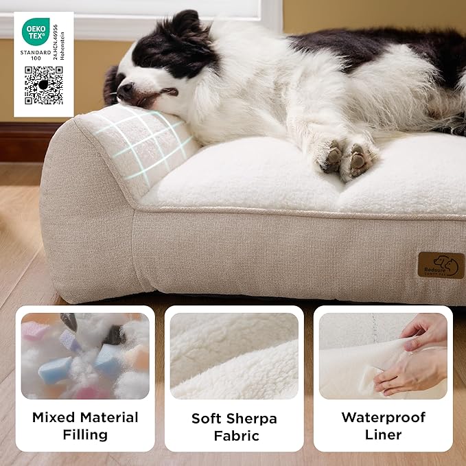 Bedsure SupportMax™ XL Pro Orthopedic Dog Beds Large Sized Dog - Extra Thick Supportive Dogs Couch with Waterproof Washable Cover, Extra Large Comfort Pet Sofa with Soft Sherpa & Nonskid Bottom, Beige