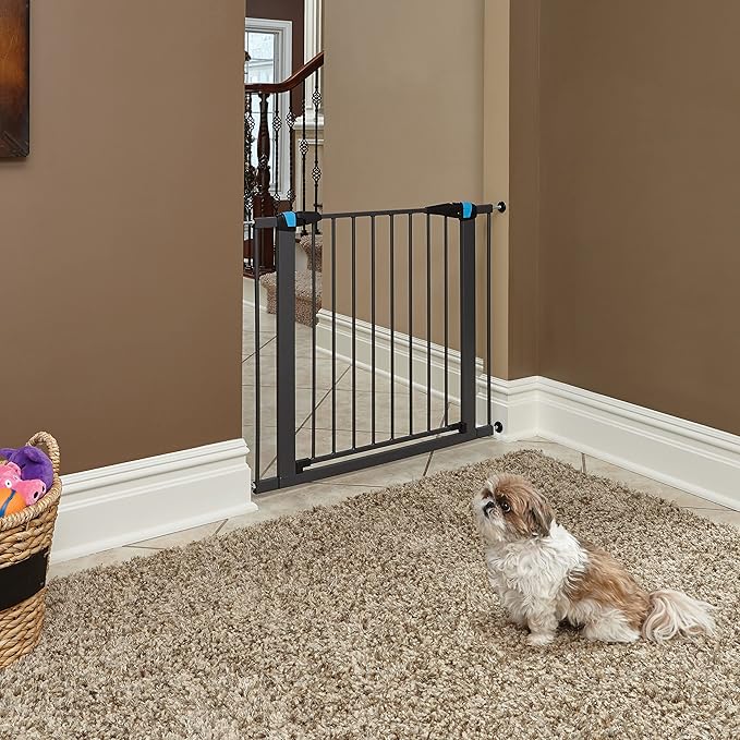 MidWest Homes for Pets 29 Inches Tall Walk-Through Steel Pet Gate, Pressure Mounted Dog Gate with Glow Strip Measures 29H x 29.5-38W Inches & Includes Two 3-Inch-Wide Extensions, Graphite