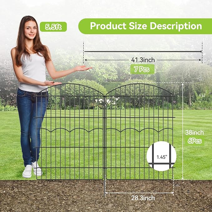 Decorative Garden Fence 6 Panels 14.8 ft (L)×38in (H) Metal Garden Fences, No Dig Animal Barrier Fencing Rustproof Wire Temporary Dog Fence Outdoor for Patio Backyard Lawn - Without Door